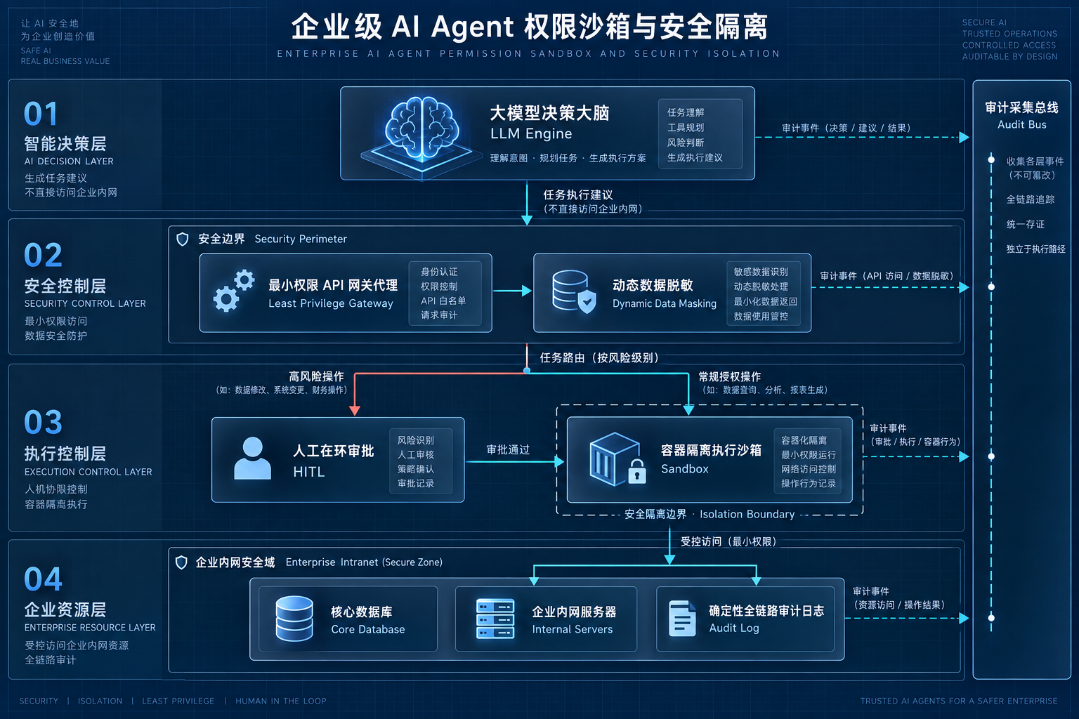 企业级 AI Agent 权限沙箱与安全隔离系统架构图